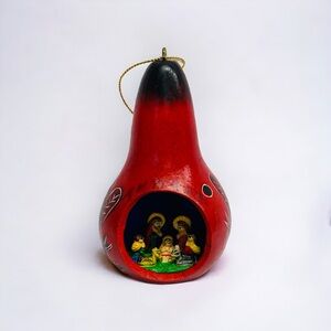 Christmas Gourd Nativity Scene Ornament Mexico Folk Art Handmade Dragonfly Red